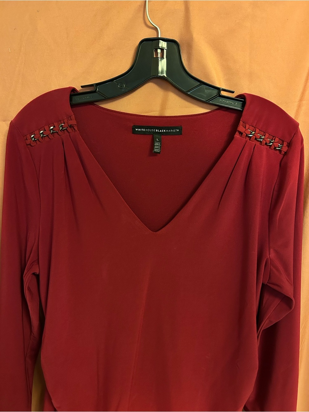 Deep Cranberry Red V-Neck Long Sleeve Top with Shoulder Detail Size: Large - Picture 2 of 8